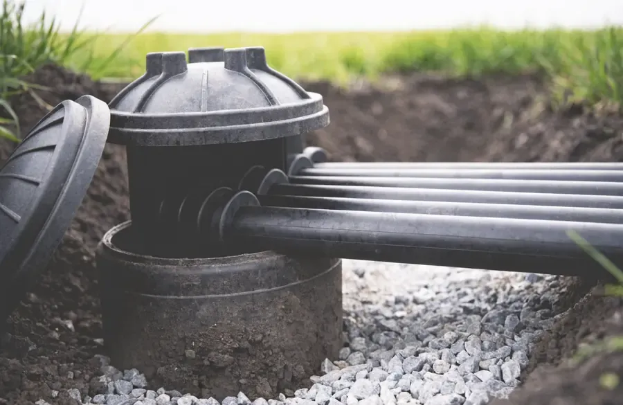 An open distribution box with its outlet pipes running to a gravel trench at an Indiana septic system