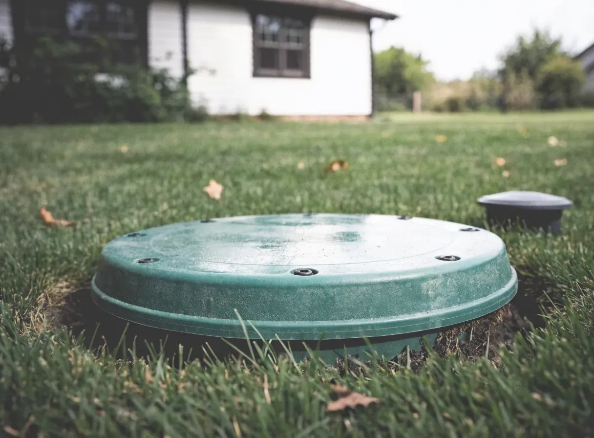 A green septic tank riser lid and inspection port set flush in a mowed lawn at a rural Indiana home