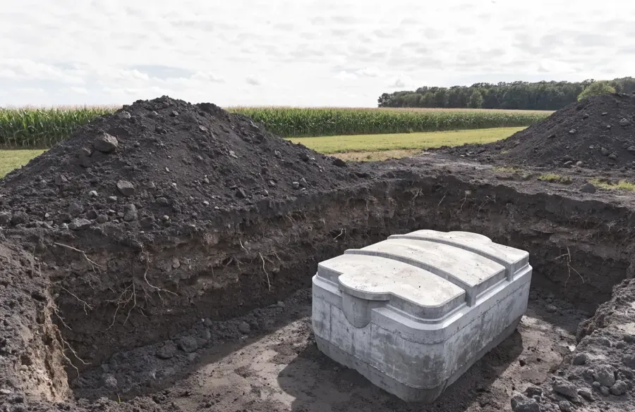 A concrete septic tank set into an open excavation beside a corn field in rural Indiana
